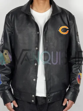 Chicago Bears Black Leather Jacket front