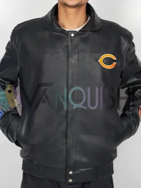Chicago Bears Black Leather Jacket front close