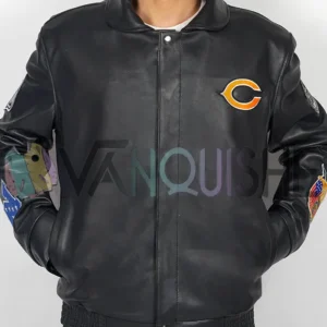 Chicago Bears Black Leather Jacket front close
