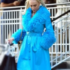 Christine Quinn Blue Belted Leather Coat Front Look