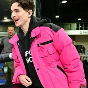 College Gameday Timothée Chalamet Pink Puffer Jacket Front look