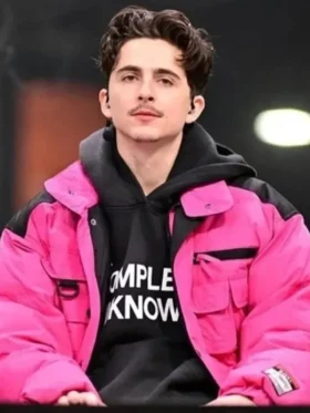 College Gameday Timothée Chalamet Pink Puffer Jacket