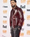Drake Maroon Bomber Leather Jacket Front look