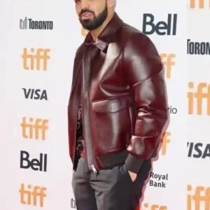 Drake Maroon Bomber Leather Jacket Front look