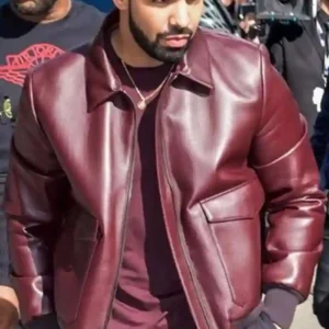 Drake Maroon Bomber Leather Jacket Front look
