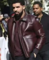 Drake Maroon Bomber Leather Jacket Front look