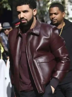 Drake Maroon Bomber Leather Jacket Front look