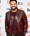 Drake Maroon Bomber Leather Jacket Front look