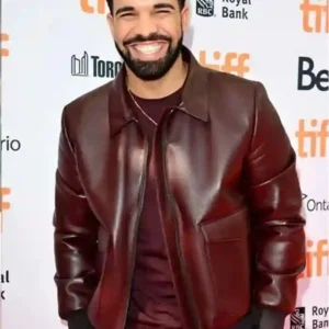 Drake Maroon Bomber Leather Jacket Front look