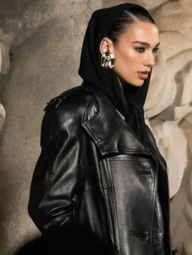 Dua Lipa Paris Fashion Week Black Long Leather Coat
