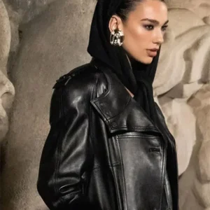 Dua Lipa Paris Fashion Week Black Long Leather Coat