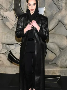Dua Lipa Paris Fashion Week Black Long Leather Coat