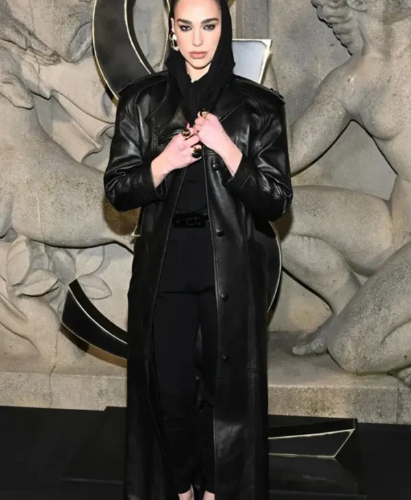 Dua Lipa Paris Fashion Week Black Long Leather Coat