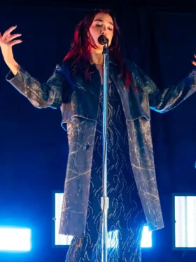 Dua Lipa Times Square Black Leather Coat Front