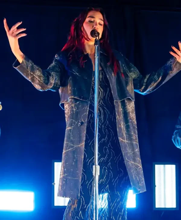 Dua Lipa Times Square Black Leather Coat Front