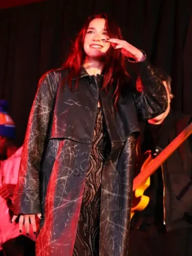 Dua Lipa Times Square Black Leather Coat