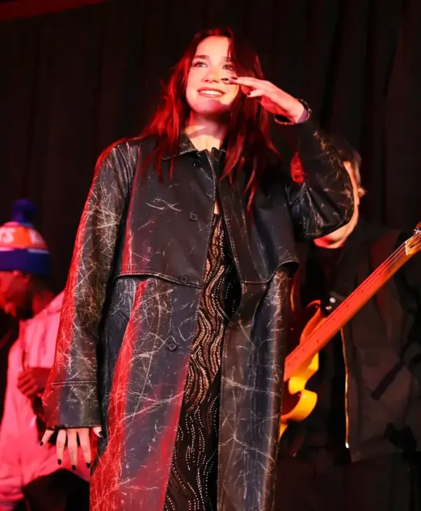 Dua Lipa Times Square Black Leather Coat