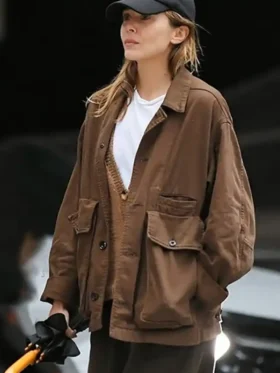 Elizabeth Olsen Brown Jacket Front look