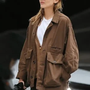 Elizabeth Olsen Brown Jacket Front look
