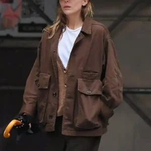 Elizabeth Olsen Brown Jacket Front look