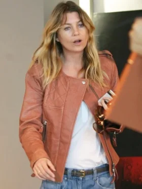 Ellen Pompeo Brown Leather Jacket Front