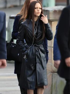 Frankenstein Jenna Ortega Black Leather Coat Back