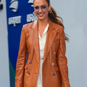 Jessica Alba Tennis Championships Brown Leather Blazer Side