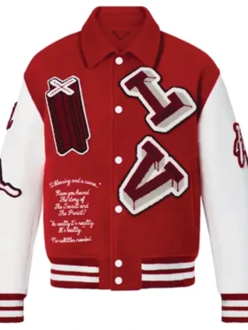 LV Red and White Letterman Jacket Back