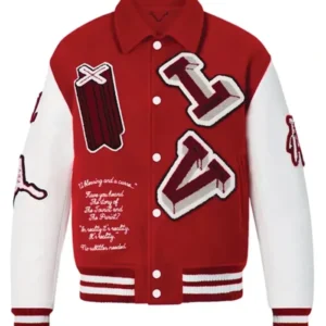 LV Red and White Letterman Jacket Back