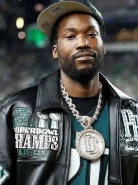 Meek Mill Eagles Black Leather Jacket Front