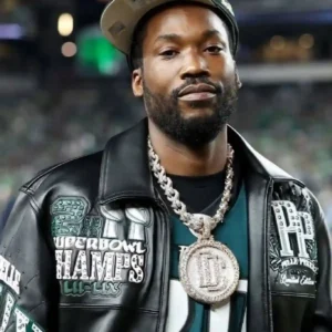 Meek Mill Eagles Black Leather Jacket Front