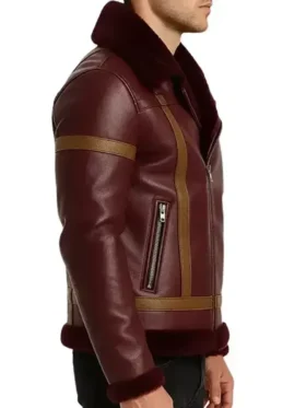 Men’s Maroon Shearling Leather Winter Jacket Side Look