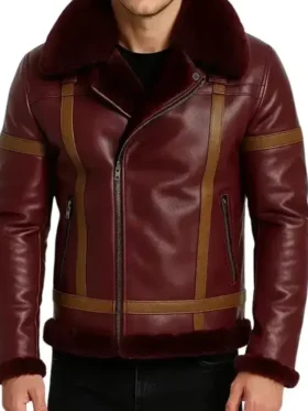 Men’s Maroon Shearling Leather Winter Jacket Front Look
