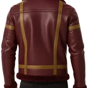 Men’s Maroon Shearling Leather Winter Jacket Back Look
