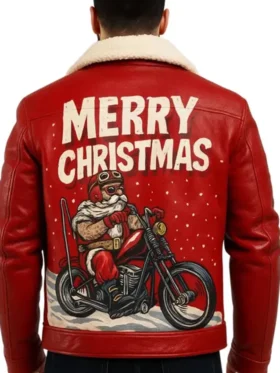 Men’s Red Shearling Leather Jacket Christmas Adition back look