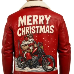 Men’s Red Shearling Leather Jacket Christmas Adition back look