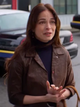 Murder in a Small Town S02 Kristin Kreuk Brown Leather Jacket Side