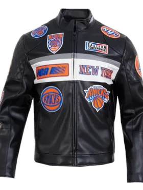 New York Knicks Black Moto Leather Jacket Side
