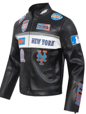 New York Mets Black Leather Jacket Back
