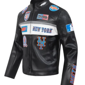 New York Mets Black Leather Jacket Back