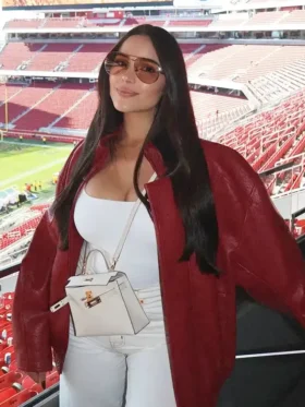 Olivia Culpo Red Leather Jacket Side