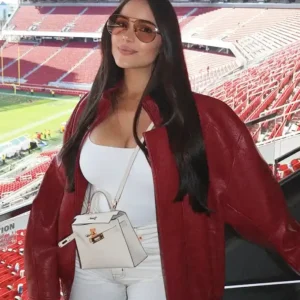 Olivia Culpo Red Leather Jacket Side