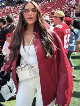 Olivia Culpo Red Leather Jacket