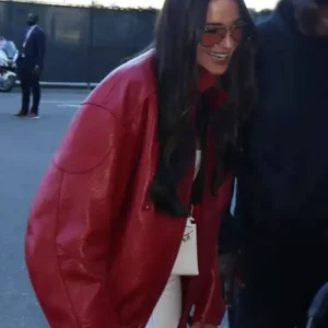 Olivia Culpo Red Leather Jacket Front