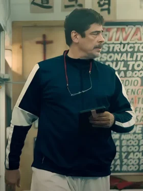 One Battle After Another Benicio del Toro Blue Jacket