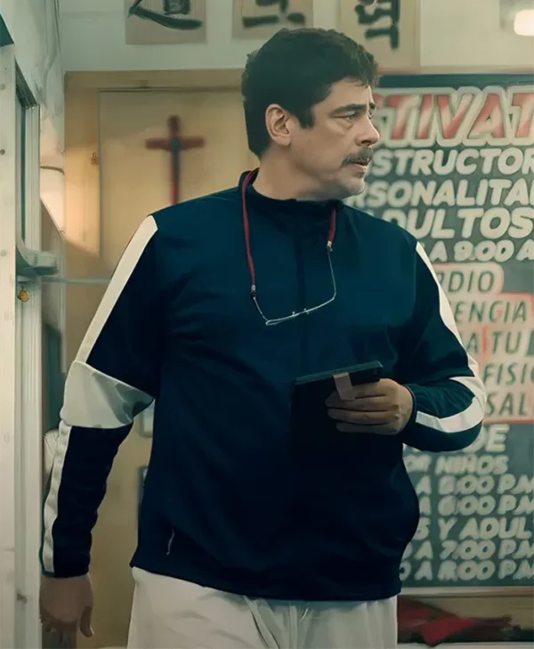 One Battle After Another Benicio del Toro Blue Jacket