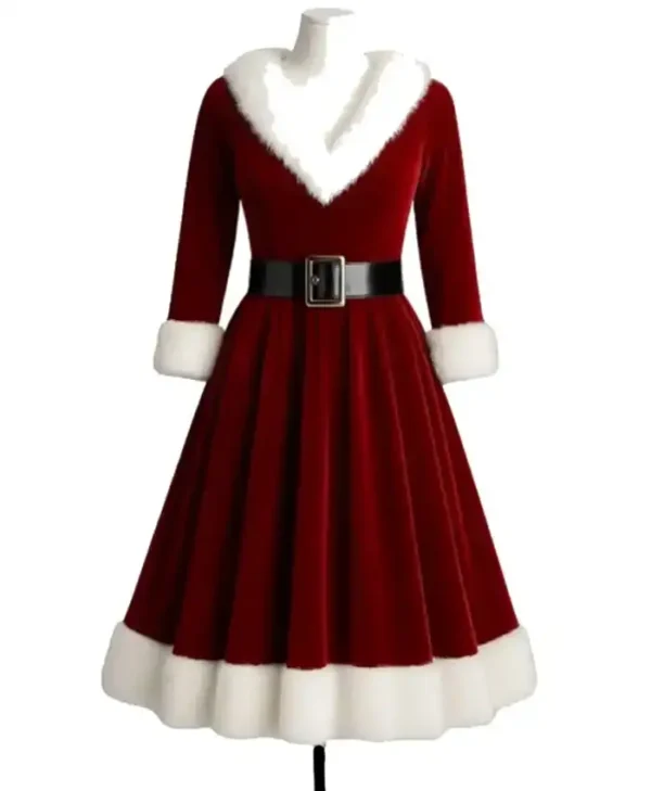 christmas dress mrs claus Mrs. Maxi With Detachable Faux Fur Collar & Cuffs  Elegant Lady Claus Outfit and a traditional Santa hat Red Velvet Mrs. Claus Christmas