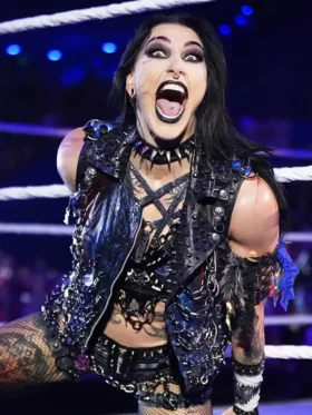 Rhea Ripley Crown Jewel Black Leather Jacket Back