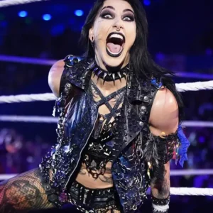 Rhea Ripley Crown Jewel Black Leather Jacket Back