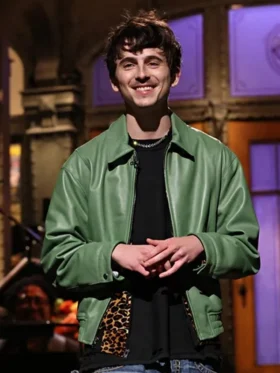 SNL Timothée Chalamet Green Leather Jacket Front